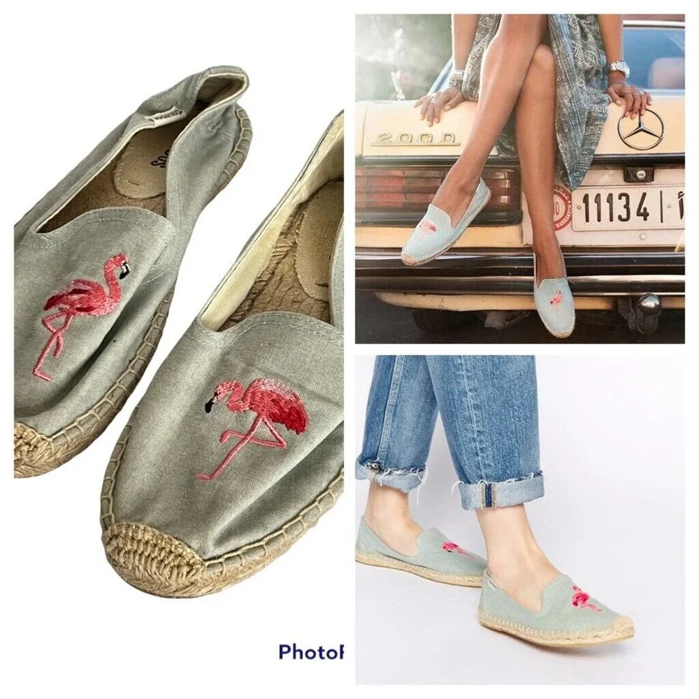 New! SOLUDOS •Women 5.5• Embroidered Flamingo Smoking Slipper Flat Espadrille